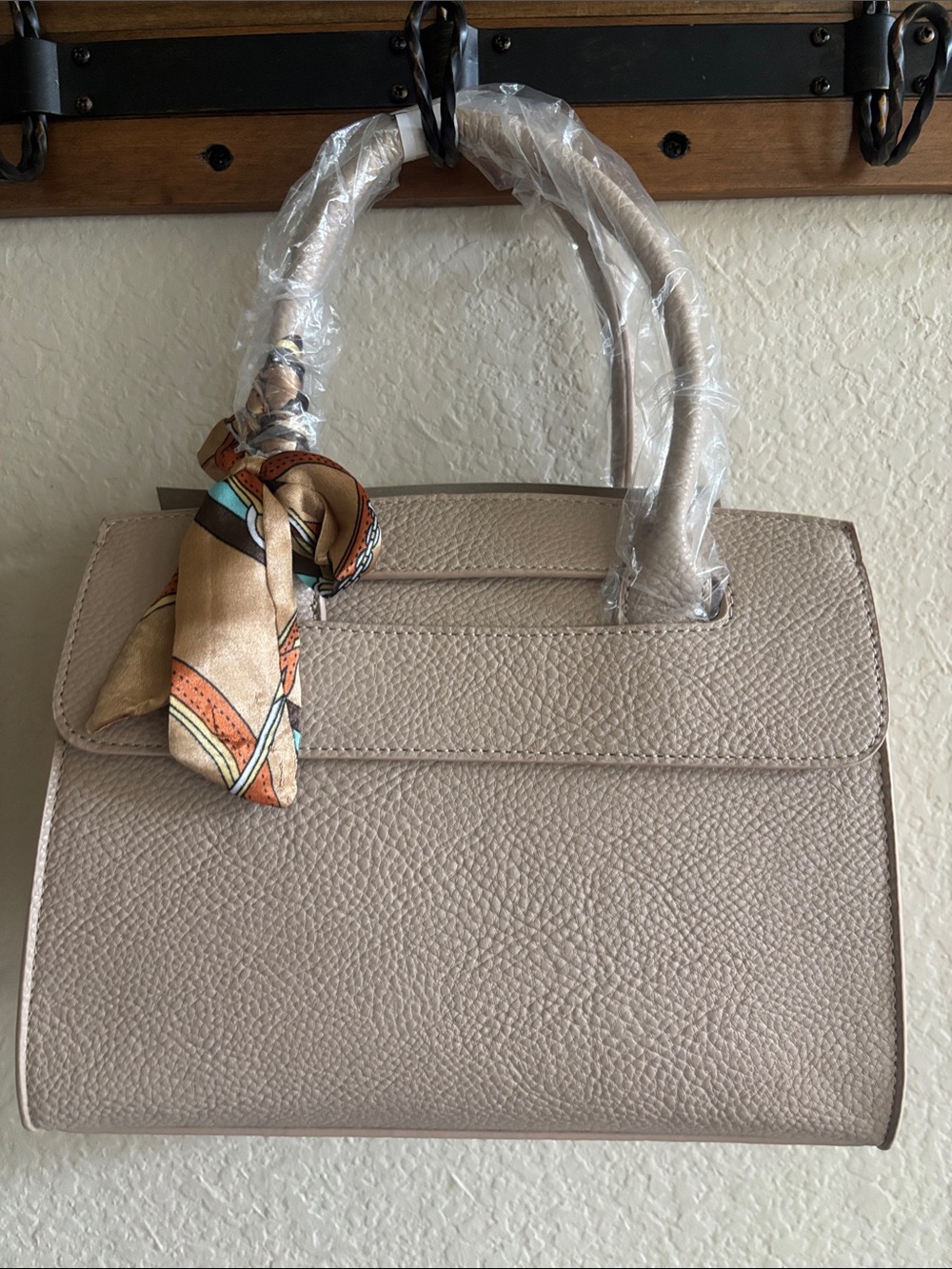 Structured Top-Handle Women’s Bag in Taupe with Scarf Accent